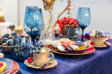 Table decorated with food closeup, nobody