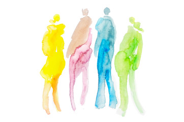 Quartett - kleine Gruppe von vier Leuten, Menschen, fashion, style, Wasserfarben, Aquarell,...