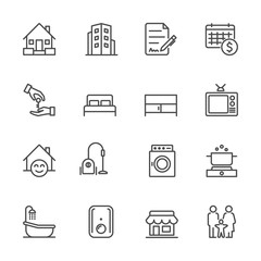 Hotel and Service Apartment, House and Property for rent, Simple thin line hotel icons set, Vector icon design