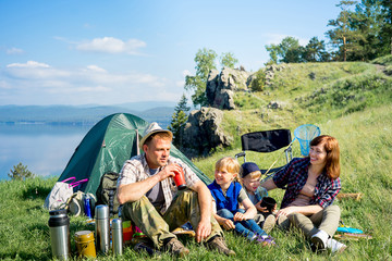 Happy family hiking