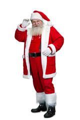 Full length of senior Santa Claus. Happy bearded man in Santa Claus costume standing on white background. Studio shot of Santa Claus.