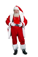 Santa Claus with hands on belly. Cheerful Santa Claus with real beard holding his hands on belt, isolated on white background.