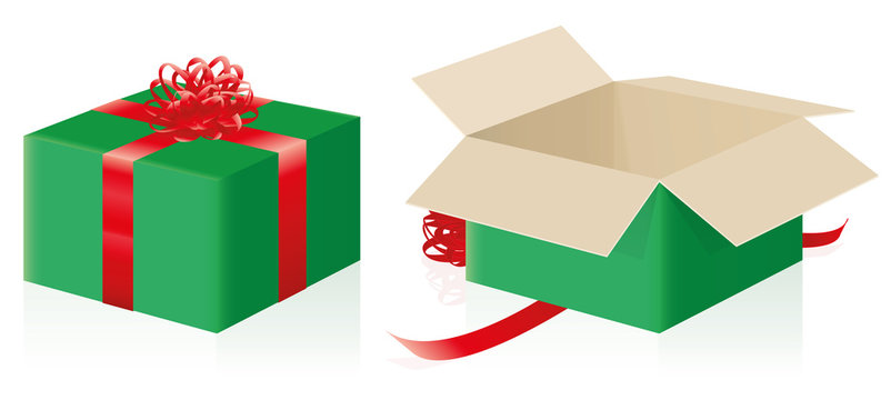 Gift package - closed, wrapped pack and opened christmas present - three-dimensional isolated vector illustration on white background.