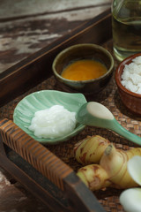 close up view of spa theme objects on color back