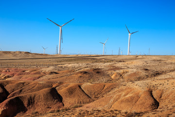 Wind power in desert of Xinjiang, China.
