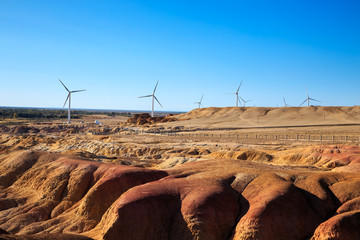 Wind power in desert of Xinjiang, China.