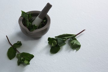 Holy basil in mortar pestle