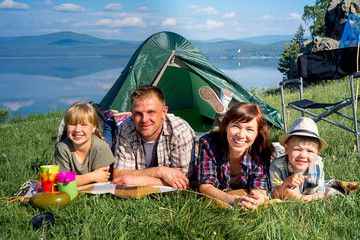 Happy family hiking