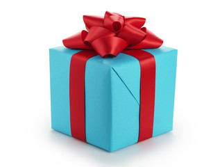 blue gift box with red ribbon bow isolated on white