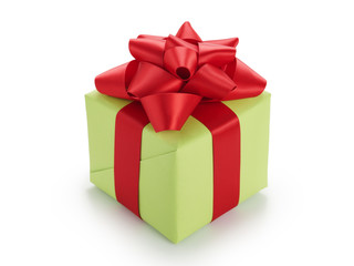 green gift box with red ribbon bow isolated on white