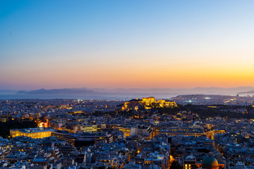 Acropolis with Parthenon at sunset, Athens, Greece, view from Lycabettus Hill