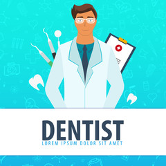 Dentist and Dental clinic. Medical background. Health care. Vector medicine illustration.