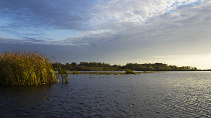 A river with autumn trees and beautiful clouds. Travels. Fishing