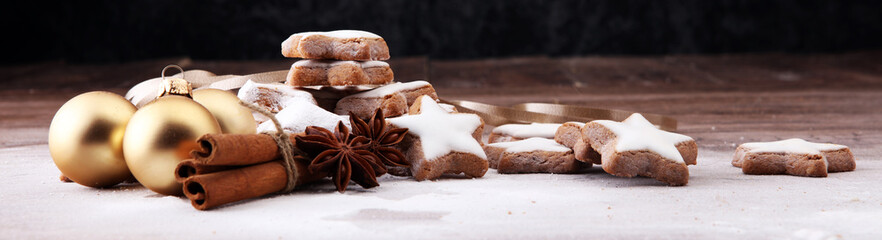 Christmas homemade gingerbread cookies with sugar powder. star cookies