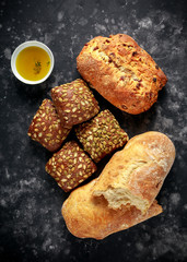 Freshly baked bloomer, ciabatta bread and sandwich buns served with thyme infused extra virgin olive oil