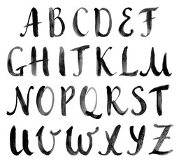 Watercolor hand drawn alphabet, capitals. Vector illustration. Brush painted letters