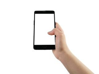 young female hand hold smatphone with blank screen isolated on white
