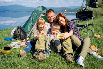 Happy family hiking