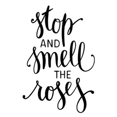 Stop and Smell the Roses. Hand drawn inspirational quote. Brush painted letters, vector illustration.