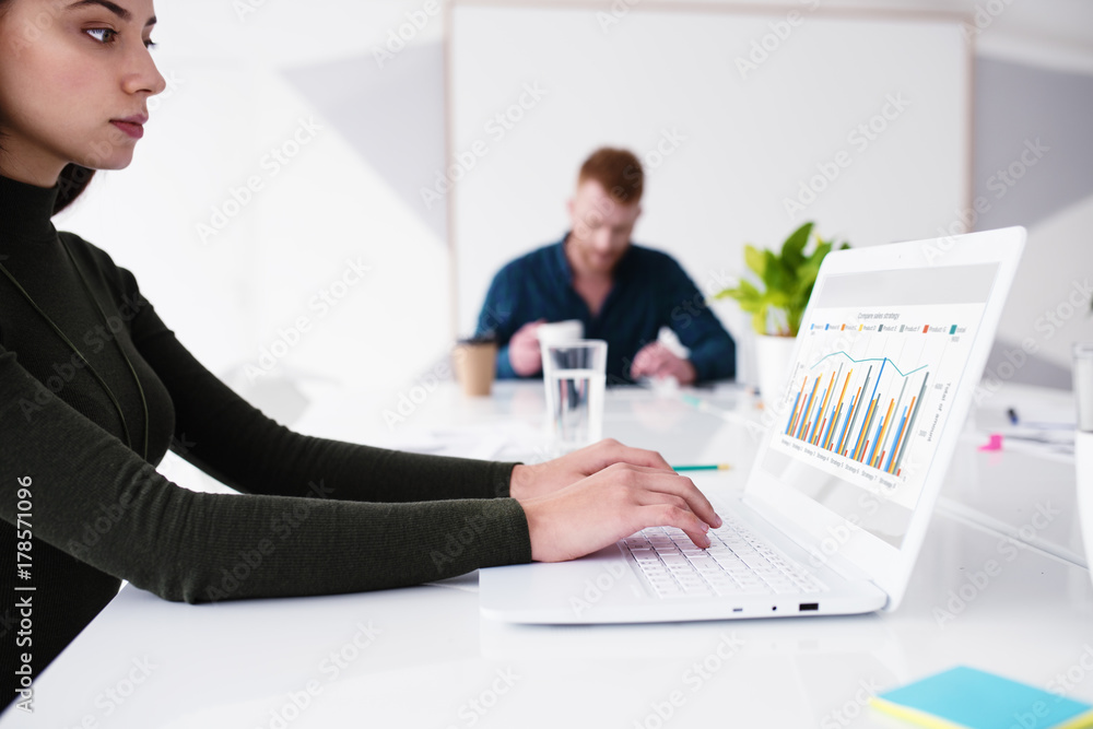 Poster girl works on a laptop with company statistics. concept of internet sharing and interconnection