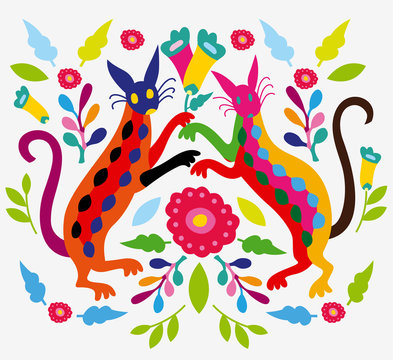 Mexican colorful and ornate ethnic pattern. Embroidery with cats and flowers on the light background.