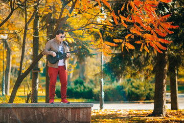 Portrait handsome man playing bass ukulele in the park,Music concept