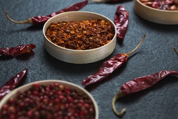 Dried red chili pepper and crushed red pepper in bowl