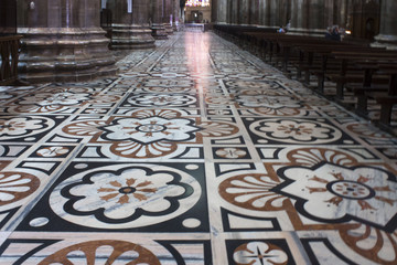 Inside Duomo cathedral in Milan, detail of the decorated floor in candoglia marble with flower pattern