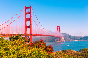 Panorama of Golden Gate Bridge. The famous Golden Gate Bridge. San Francisco, California. Bright saturated color, halftone.