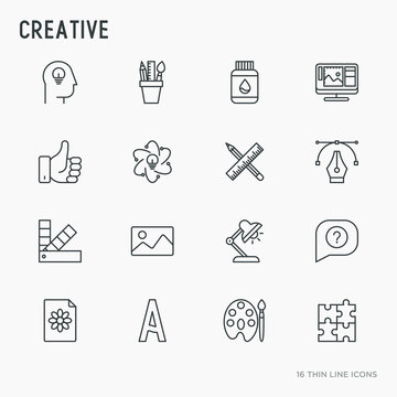 Creative thin line icons set: idea, puzzle, color palette, brushes, creative vision, development design. Vector illustration.