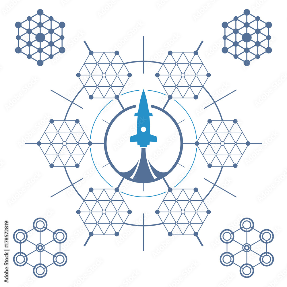 Poster set of circuit tech elements. electronics icon. tech logo. rocket icon.