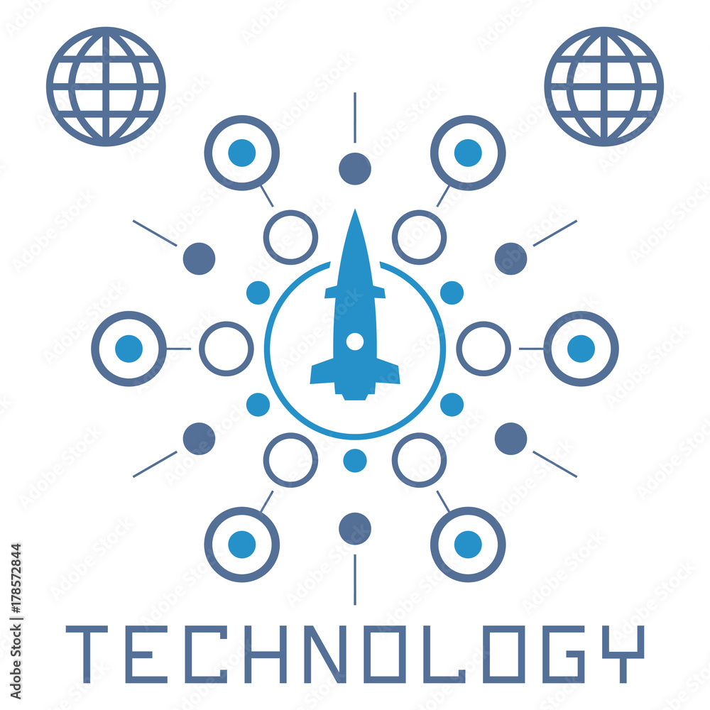 Poster set of circuit tech elements. electronics icon. tech logo. rocket icon.