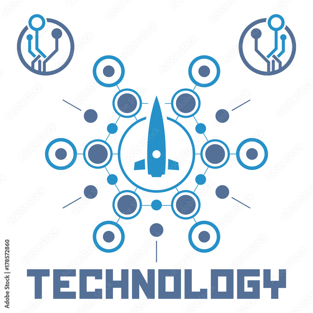 Poster set of circuit tech elements. electronics icon. tech logo. rocket icon.