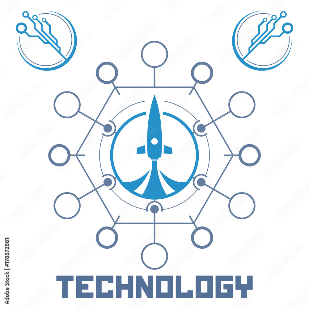 Poster set of circuit tech elements. electronics icon. tech logo. rocket icon.