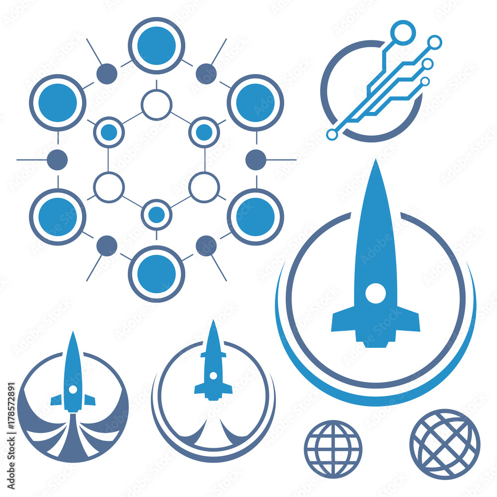 Poster set of circuit tech elements. electronics icon. tech logo. rocket icon.