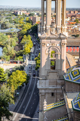 Aerial view on the tower of Our Lady basilica and Elbe river in Zaragoza city in Spain
