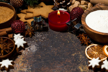 ingredients for baking Christmas cookies, top view