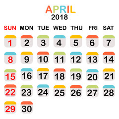 Colored April 2018 calendar