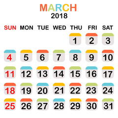 Colored March 2018 calendar