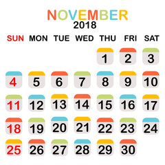 Colored November 2018 calendar
