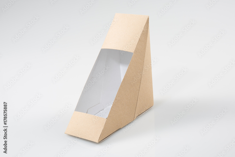 Canvas Prints Brown Blank Cardboard Triangle Take Away Boxes Packaging For Sandwich, Food, Gift, Other Products with Plastic Window Mock up Close up Isolated on White