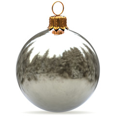 Christmas ball white silver decoration bauble closeup New Year's Eve hanging adornment traditional Merry Xmas wintertime ornament metallic. 3d rendering illustration