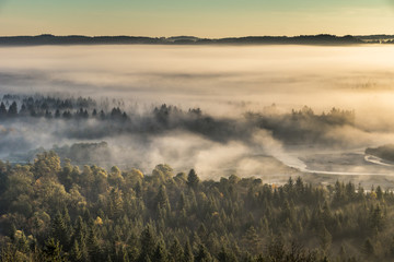 Mystische Lichtstimmung und Nebelschwaden über den Wäldern in Wolfratshausen