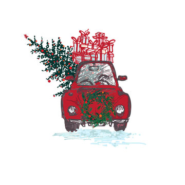 Festive Christmas card. Red car with fir tree decorated red balls and gifts on roof. White background