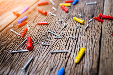 diy concept with color screw on old wooden table