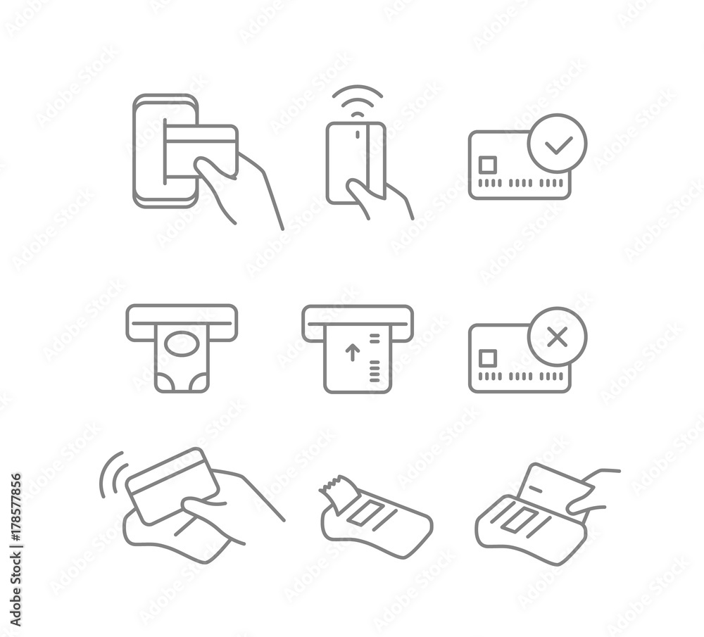 Poster digital payment icons set. linear pictograms collection