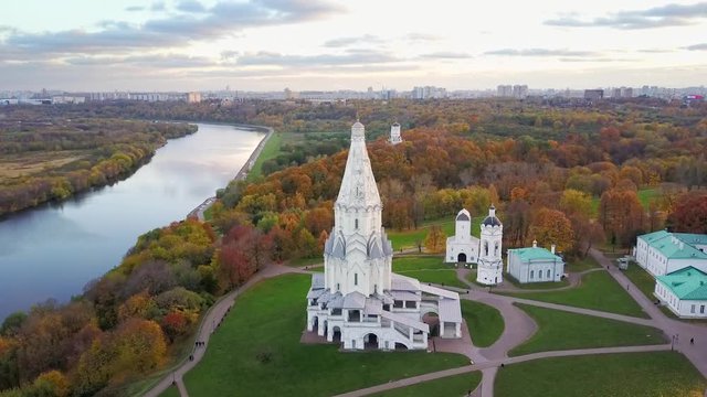 Church of the Ascension in Kolomenskoye park in autumn season (aerial view), Moscow, Russia
