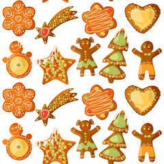 Festive Gingerbread Cookies. Christmas tradition. Seamless background pattern.