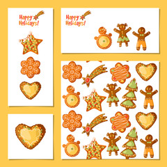Set of 4 universal cards with festive Gingerbread Cookies. Christmas decoration. Template.