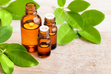 Petitgrain essential oil in the amber bottle